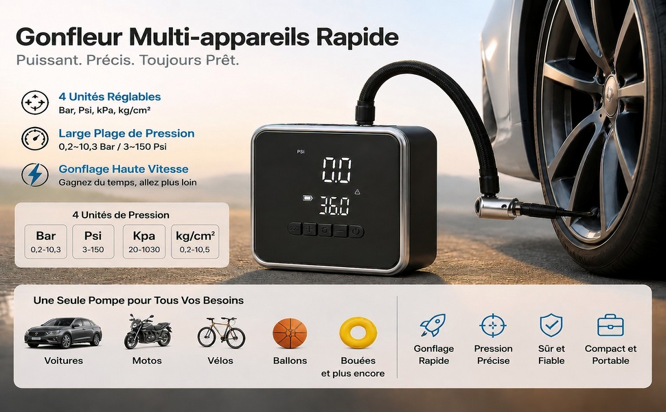 Le texte indique « Gonfleur Multi-appareils Rapide » avec un dispositif de pompe à air numérique illustré avec un pneu de voiture, un vélo et plusieurs icônes sportives et récréatives ci-dessous indiquant des capacités de gonflage polyvalentes.