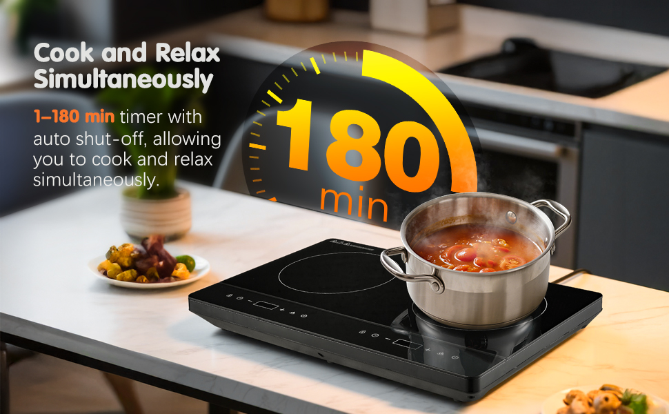 Le texte indique « Cuisinez et détendez-vous simultanément » avec l'indicateur « 180° ». Montre une table de cuisson à induction avec deux casseroles en cours d'utilisation sur une surface en verre noir.
