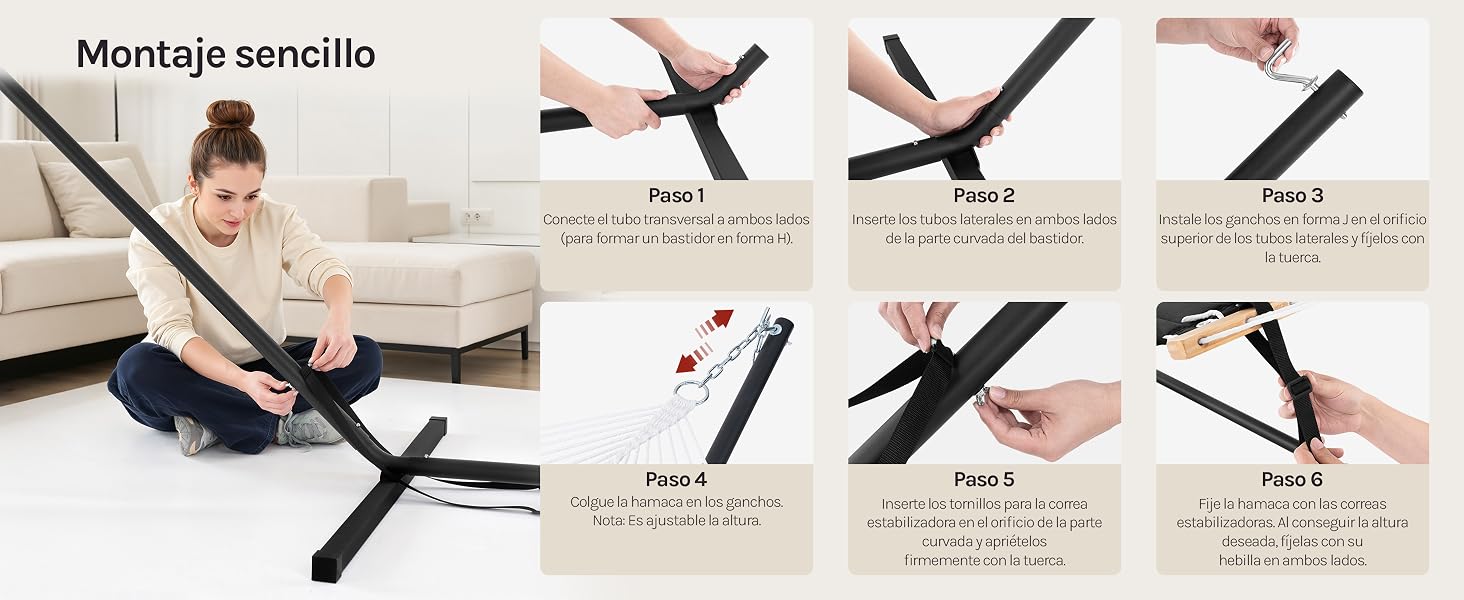 El texto dice «Montaje sencillo». Instrucciones de montaje detalladas que muestran a mano la instalación manual de los accesorios de montaje negros en varios pasos con texto en español.