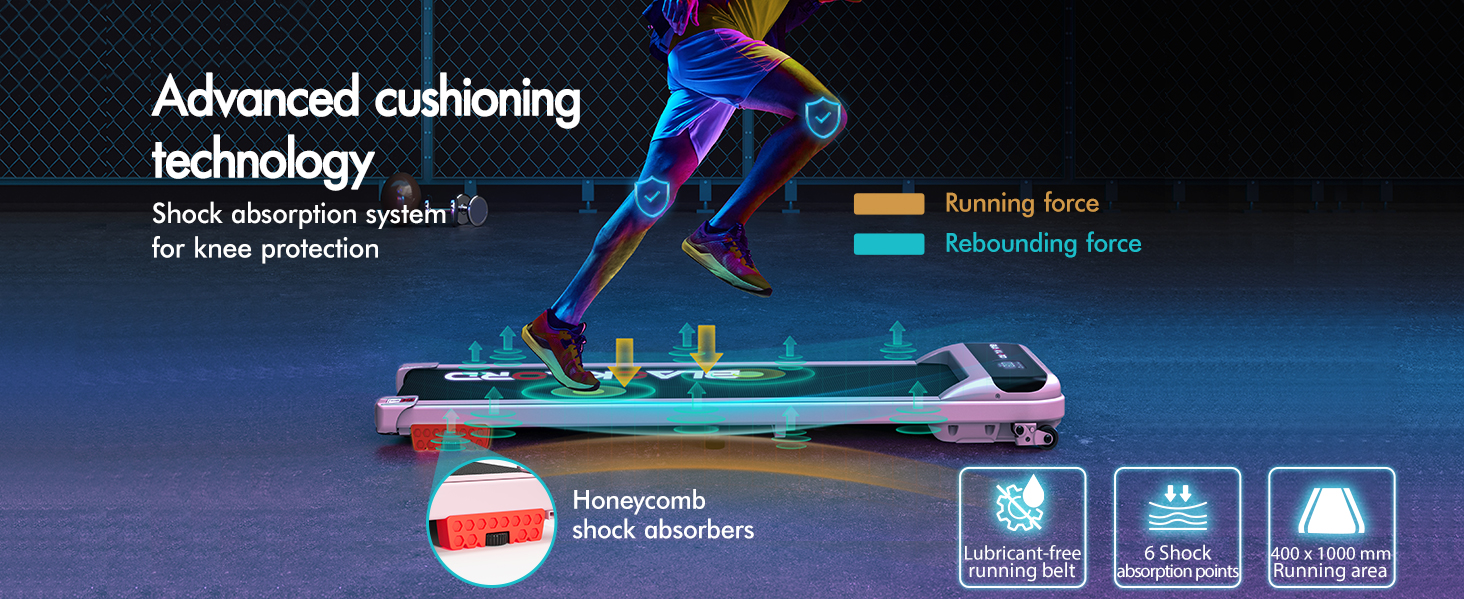 Text reads 'Advanced cushioning technology'. Product appears to be a sports/exercise equipment with illuminated blue sections showing impact zones and cushioning areas with technical indicators.