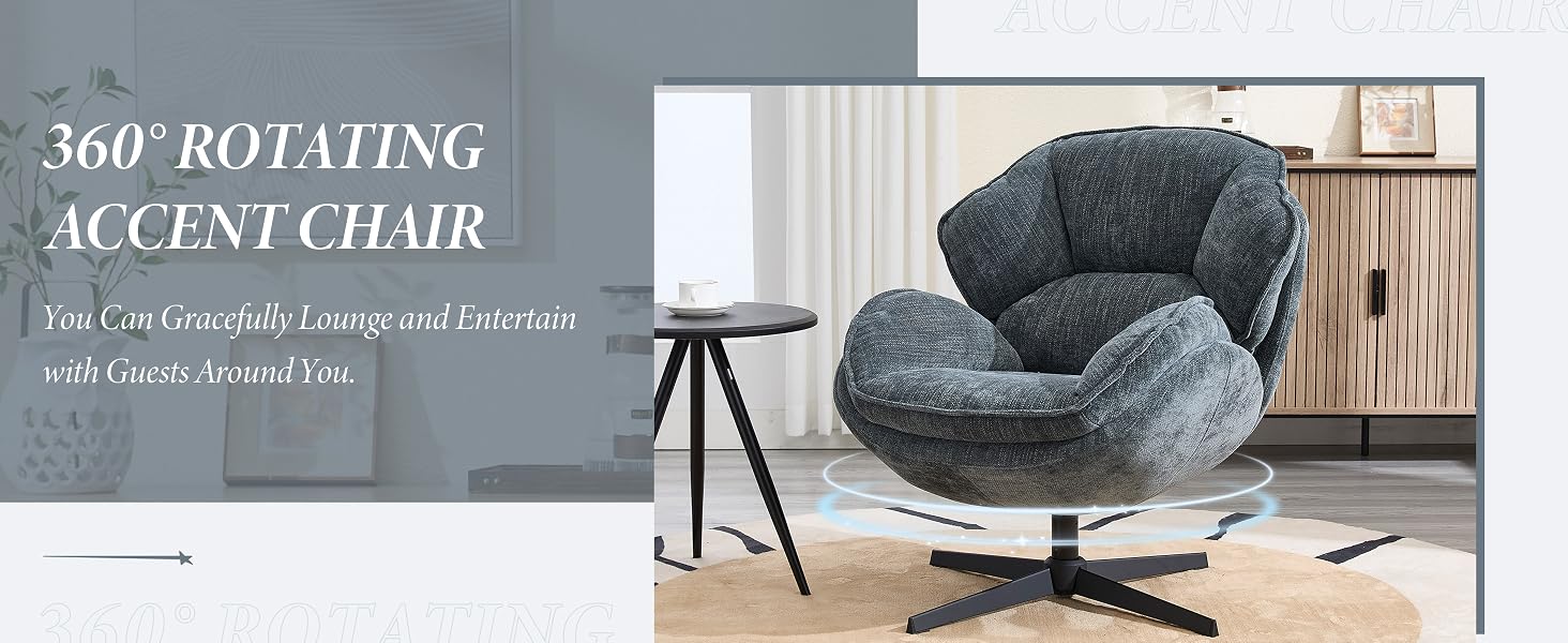 Gray upholstered swivel accent chair with curved shell design, sitting on a metal base. Round side table visible nearby in a modern living room setting.