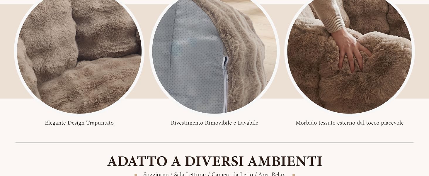 Il testo dice 'ADATTO A DIVERSI AMBIENTI' (Adatto a vari ambienti). Tre immagini circolari ravvicinate che mostrano diverse texture e materiali di tessuto nei toni del marrone, grigio e scuro, a dimostrazione della versatilità del prodotto in diversi ambienti e ambientazioni.
