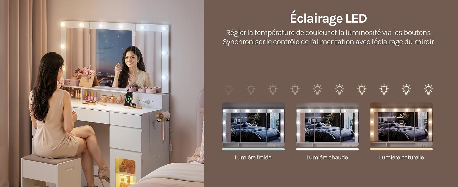 Le texte se lit comme suit : « Éclairage LED » avec une description en français sur le contrôle de l'éclairage LED et le réglage de la luminosité. Femme devant un miroir de courtoisie affichant un appareil d'éclairage LED avec trois options de mode d'éclairage différentes.