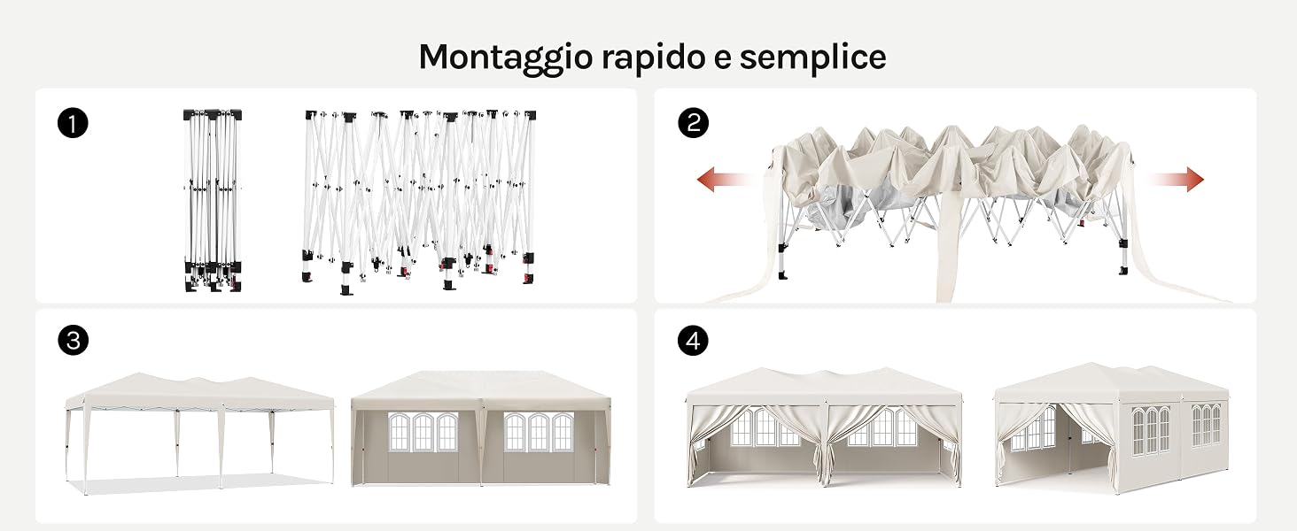 Il testo dice 'Montaggio rapido e semplice'. Schema tecnico di assemblaggio che mostra illustrazioni schematiche con linee tratteggiate e frecce che indicano le fasi di installazione.