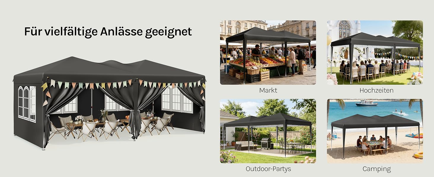 Der Text lautet „Für vielfältige Anlässe geeignet“. Zeigt ein schwarzes Veranstaltungszelt/-dach mit mehreren kleinen Bildern verschiedener Nutzungsszenarien im Freien.