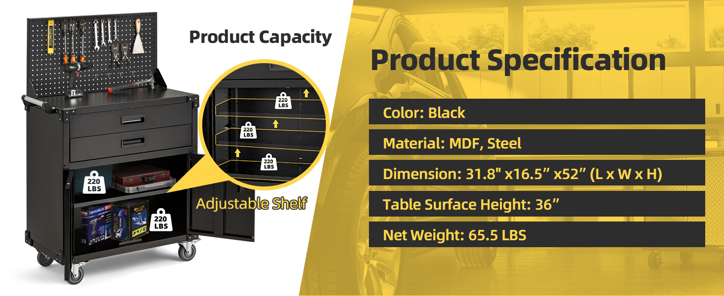 Text reads 'Product Capacity, Product Specification, Color: Black, Material: NCR Steel, Dimension: 31.5'×16.5'×42' (L×W×H), Piano surface height: 36', Net Weight: 85.2 LBS'. Shows tool storage cabinet with multiple compartments.