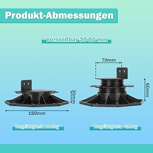 Schéma des dimensions du produit pour supports ou pieds réglables. Montre une plage de hauteur de 30 à 60 mm et une largeur de 70