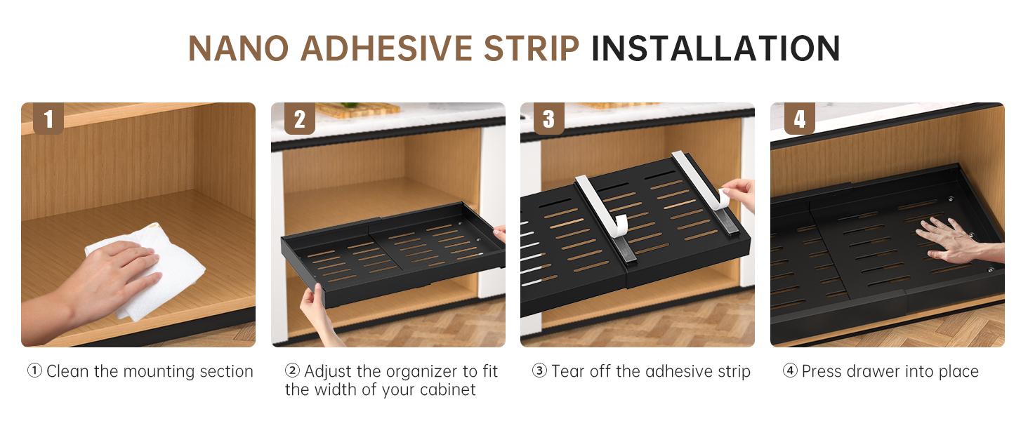 Step-by-step installation guide for nano adhesive strip. Four panels show cleaning surface, adjusting organizer, peeling adhesive, and pressing down to secure.
