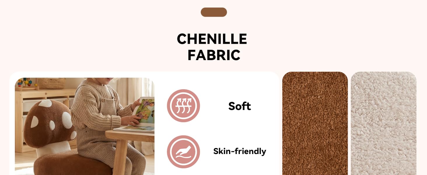 Text reads 'CHENILLE FABRIC'. Product display showing brown and beige chenille fabric swatches alongside certification seal indicating 'Soft friendly'. Demonstrates textural detail and color options.