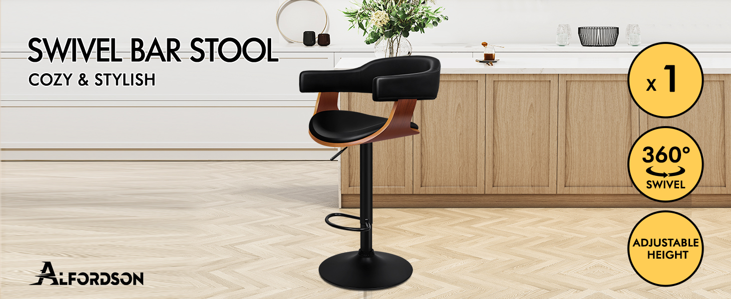 Text reads 'SWIVEL BAR STOOL COZY &amp; STYLISH' with icons for 'x1', '360°', and 'maximum 110KG'. Shows modern black bar stool against wooden cabinet background.