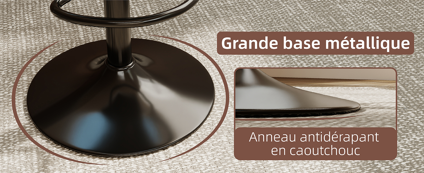 Le texte indique « Grande base métallique en caoutchouc ». Affiche des images rapprochées de ce qui semble être une base circulaire noire ou une surface de montage.