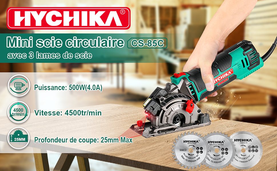 Scie circulaire 750W, HYCHIKA Mini scie circulaire 3500RPM