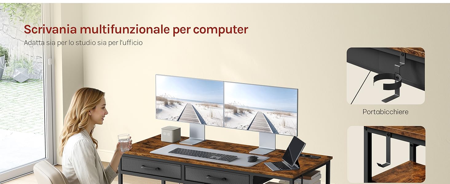 Il testo dice 'Scrivania multifunzionale per computer'. Visualizzazioni multiple di una scrivania regolabile per computer con varie configurazioni e opzioni di montaggio.