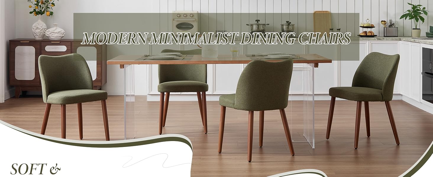 Text reads 'SOFT 2'. Modern dining room furniture set featuring olive green upholstered chairs around wooden table in contemporary interior setting.