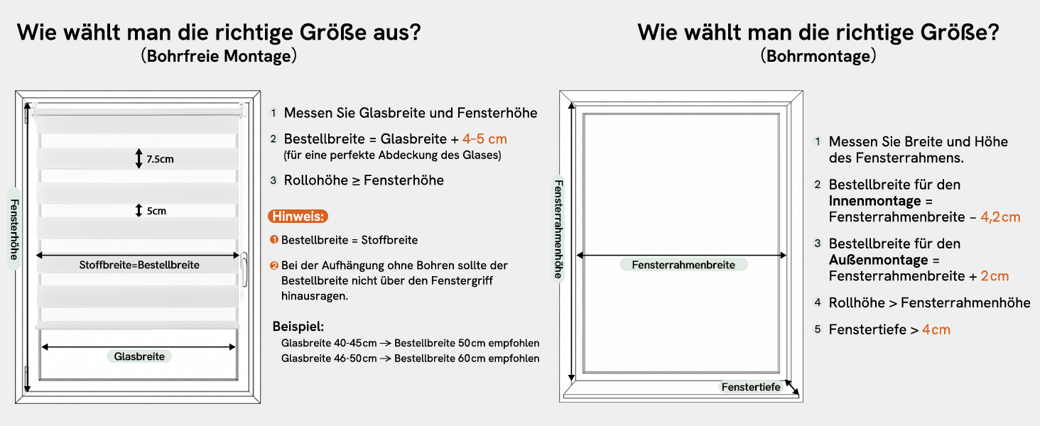 Der Text lautet „Wix wählt man die richtige Größe?“ in zwei Spalten mit einer deutschsprachigen Größentabelle mit Maßanweisungen und Vergleichstabellen zur Produktanpassung.