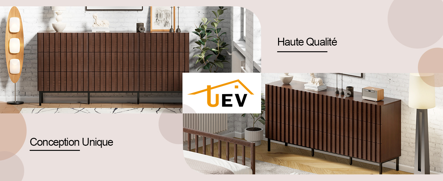 Le texte indique « LEV » et « Conception Unique ». Rendu architectural montrant un espace intérieur moderne avec un mur à lattes en bois.