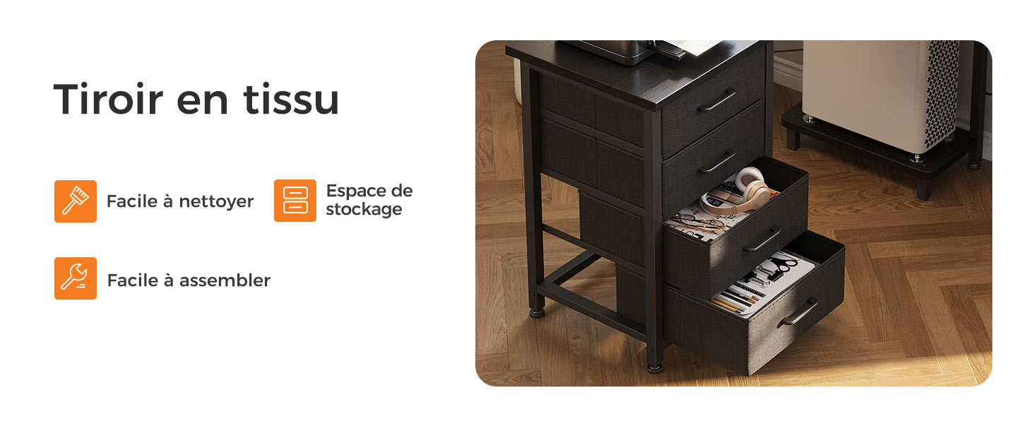 avec tiroirs en tissu. Les caractéristiques comprennent un nettoyage facile, un espace de rangement et un assemblage simple. Deux tiroirs ouverts présentent le contenu.