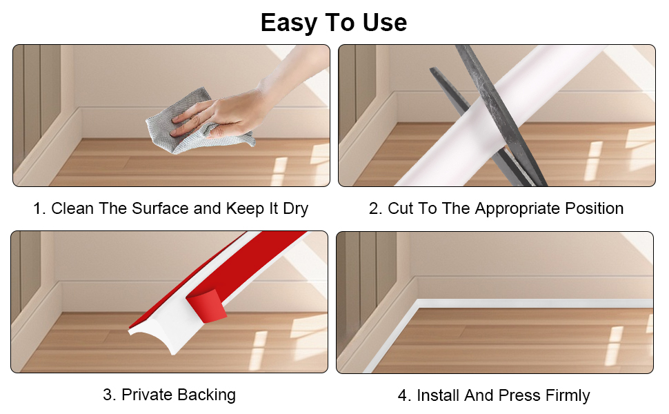 Text reads 'Easy To Use' with numbered steps: '1. Clean The Surface and Keep It Dry', '2. Cut To The Appropriate Position', '3. Private Backing', '4. Install And Press Firmly'.