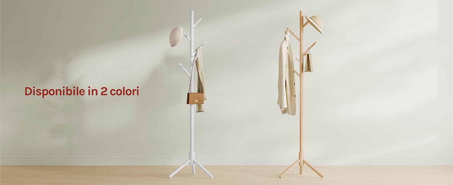 Il testo dice «Disponibile in 2 colori». Due espositori per gioielli in legno con gioielli appesi alla parete bianca.