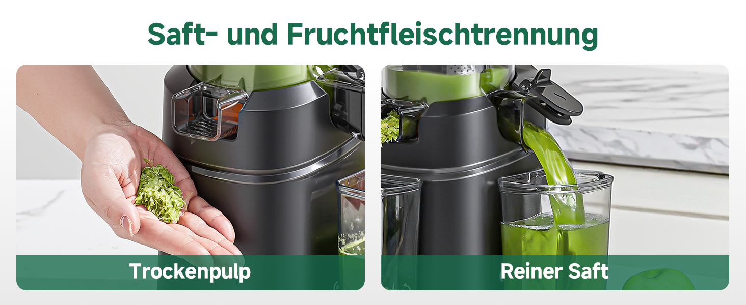 Der Text lautet „Saft und Fruchtfleischtrennung“, „Trockenpulp“, „Reiner Saft“. Bilder, die den Saftgewinnungsprozess mit grünen Produkten und einem schwarzen Gerät zeigen.