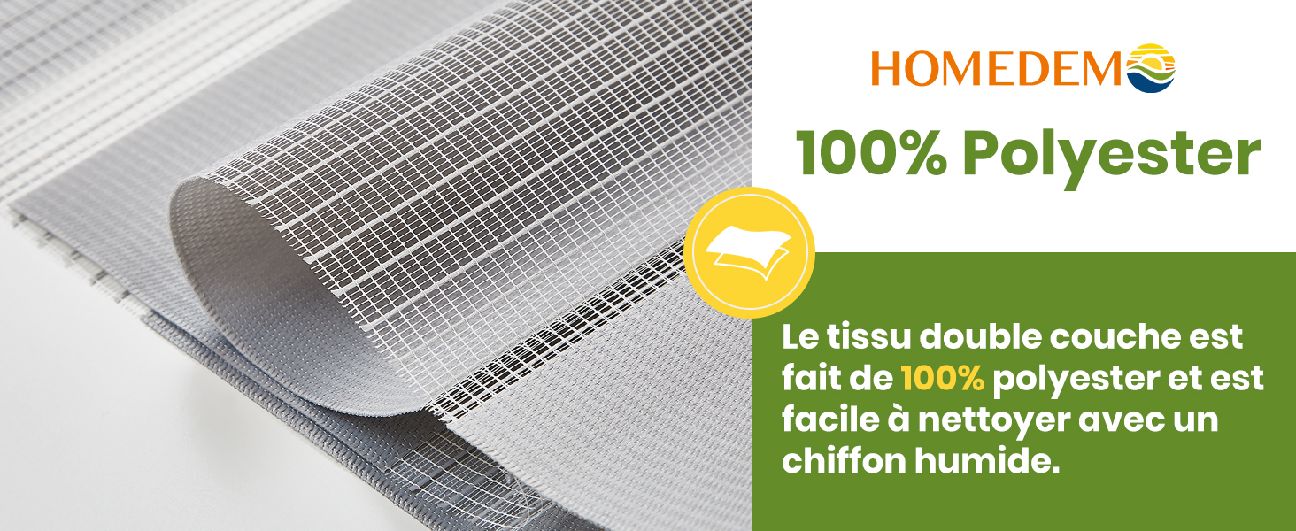 Image des spécifications du produit montrant les détails du matériau « 100 % polyester » avec la marque HOMEDEMO et les instructions de nettoyage en texte français