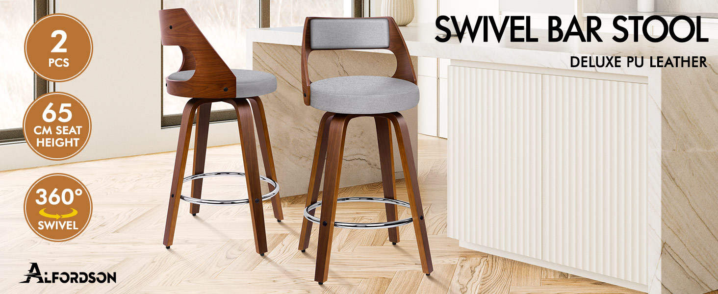 Text reads 'SWIVEL BAR STOOL DELUXE PU LEATHER'. Product banner showing bar stools with 360-degree swivel capability and 65cm height, featuring brown leather seats and wooden legs.