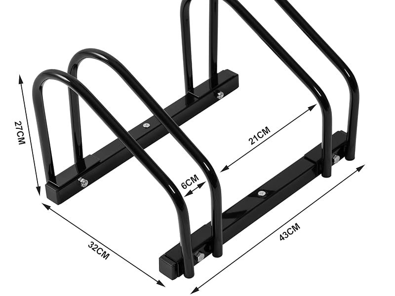 Black metal bicycle rack with two-tier storage. Dimensions shown: 40cm length, 32cm width, 26cm height. Can hold two bicycles securely.