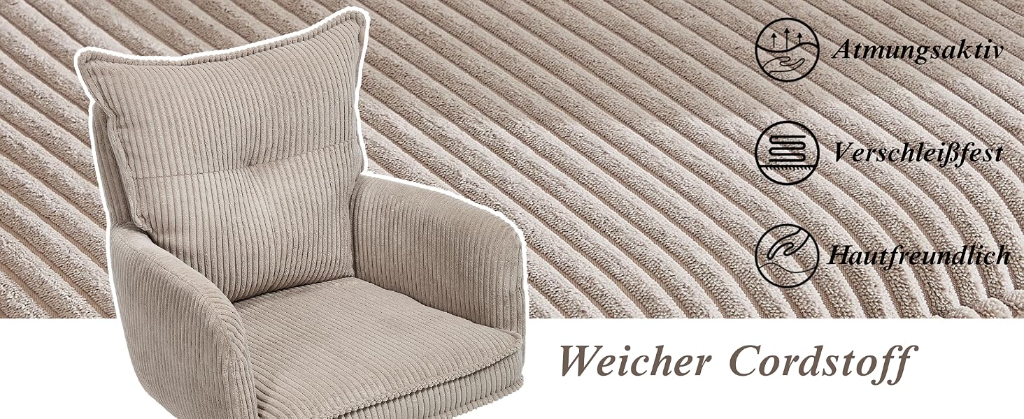 Beiges Ecksofa aus Cord, das aus verschiedenen Blickwinkeln gezeigt wird und die weiche Textur und das modulare Design mit mehreren Sitzteilen unterstreicht.