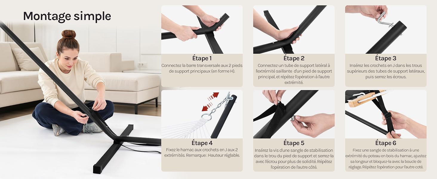 Le texte indique « Montage simple ». Instructions d'assemblage séquentielles montrant le processus étape par étape pour installer ou assembler un produit à l'aide de mains et d'outils.