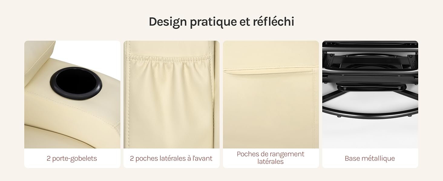 Le texte se lit comme suit : « Design pratique et réfléchi ! » montrant une grille de présentation des produits avec plusieurs articles en céramique ou en porcelaine blanche photographiés de dessus sur fond neutre.