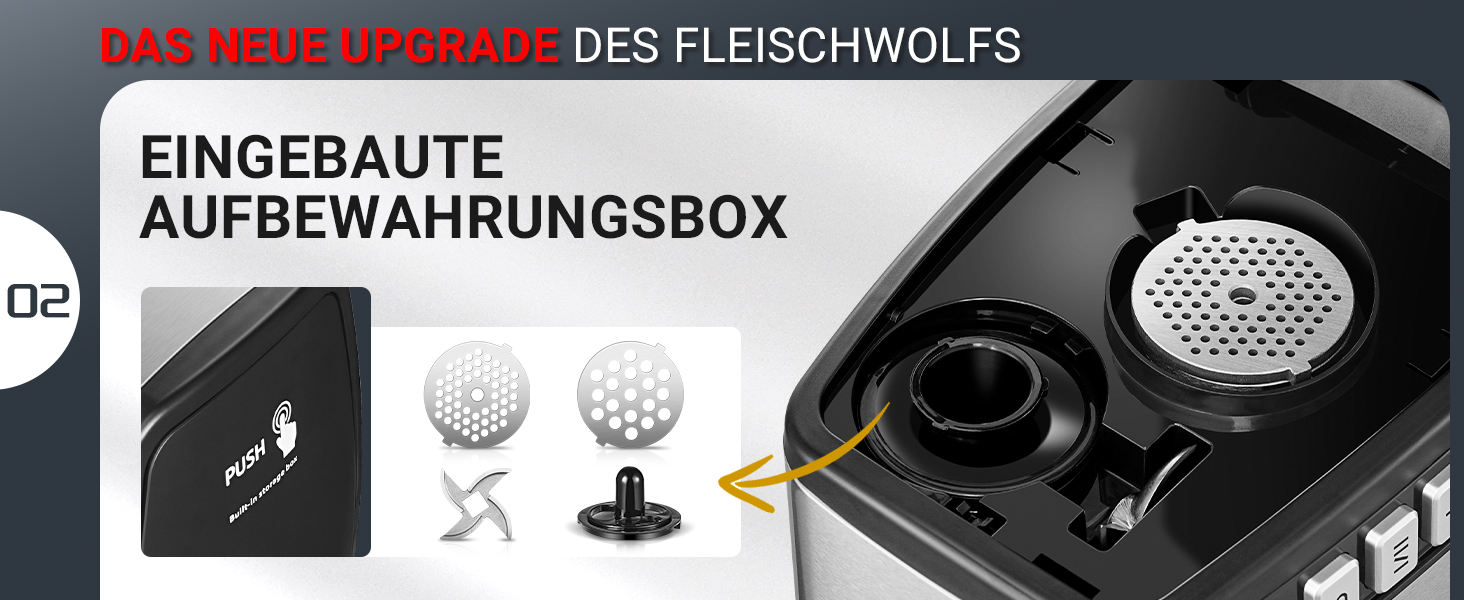 Produktdiagramm, das die integrierte Aufbewahrungsbox-Funktion zeigt. Die Symbole stellen verschiedene Komponenten dar. Roter Text in deutscher Sprache oben im Bild