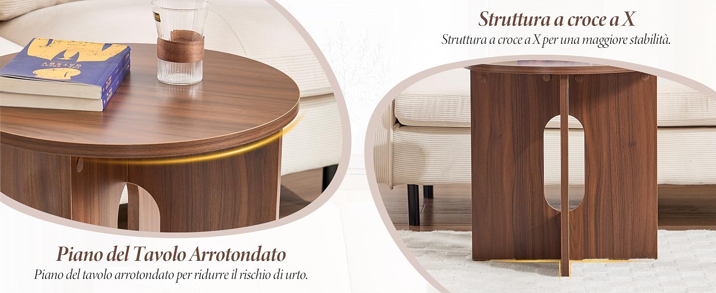 Serie di immagini che mostrano moderni tavolini da caffè in legno con bordi arrotondati in varie ambientazioni e angolazioni.