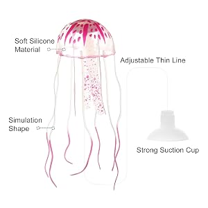 Pink jellyfish-shaped bathroom drain cover. Labeled features include soft silicone material, adjustable thin line, and strong suction cup.