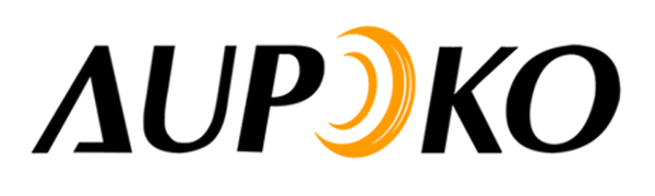 Logo design featuring 'AUPOKO' text in black letters with an orange crescent or moon shape incorporated into the 'O'.