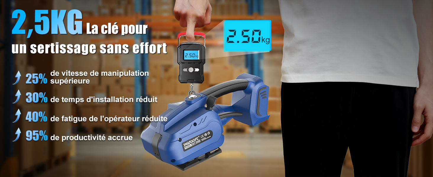 Le texte se lit comme suit : « 2,5 kg La cide pour un serissage sans effet » avec des puces « 35 % », « 30 % », « 80 % », « 80 % ». Nettoyeur haute pression portable bleu ou appareil de nettoyage avec des accents orange affichés sur fond de mur de briques.