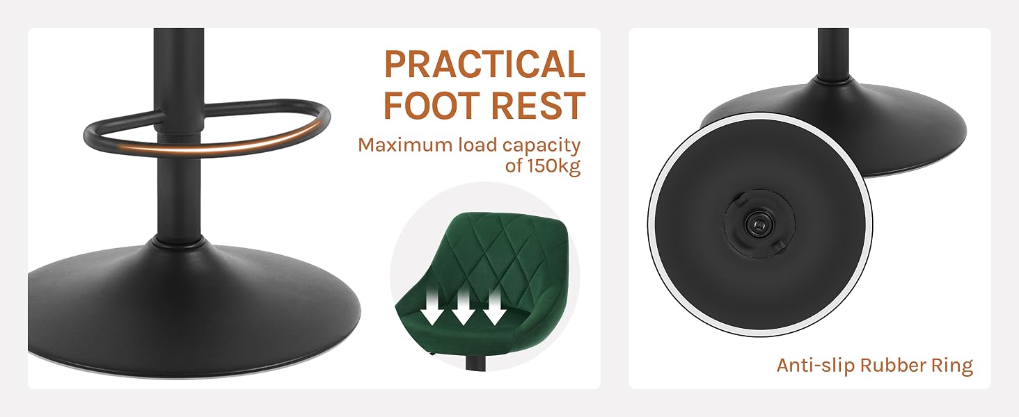 Practical foot rest with 150kg capacity. Features black base, circular metal footring, cushioned green seat. Anti-slip rubber ring on base for stability.