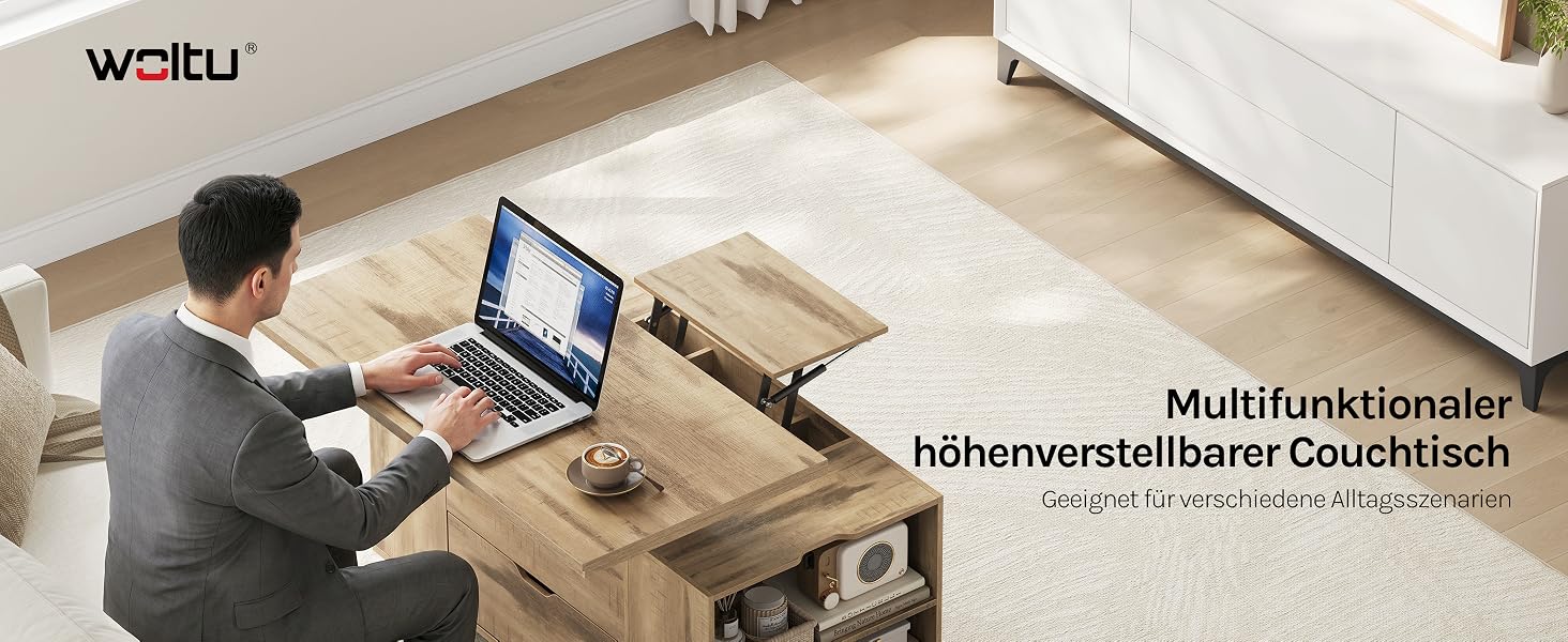 Der Text lautet „Writsu“ und „Multifunktionaler Möbelverstärkter Gootstech“. Person, die am Holzschreibtisch sitzt und einen Laptop mit Zubehör zur Organisation des Arbeitsbereichs benutzt.