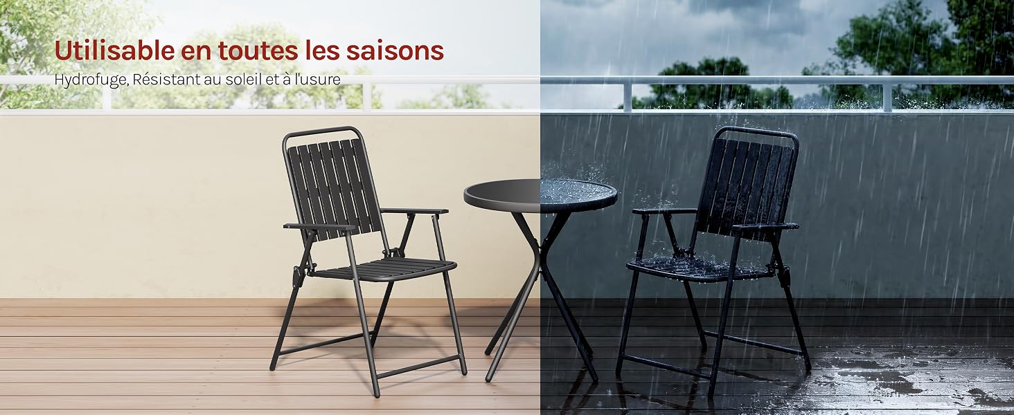 Le texte indique « Utilisable en toutes les saisons ». Scène de patio extérieur avec deux chaises en métal noir et une petite table ronde sur une terrasse.