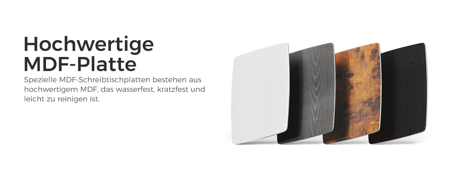 Satz von MDF-Platten in verschiedenen Ausführungen, darunter weiße, schwarze und holzstrukturierte Oberflächen, mit denen die Materialoptionen hervorgehoben werden.