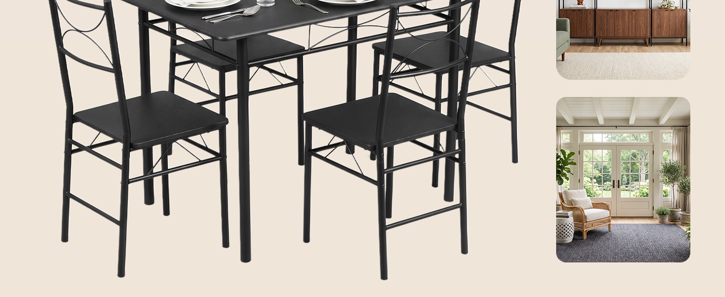 Set da pranzo nero con piano rettangolare in vetro/scuro e quattro sedie abbinate. Include una piccola immagine inserita che mostra lo stesso set di mobili in una luminosa stanza interna con finestra.