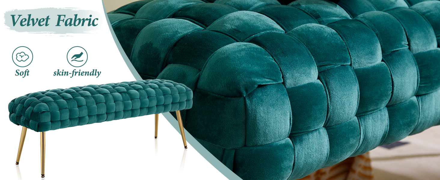 Teal velvet tufted bench with gold legs. Close-up shows plush, textured fabric. Text reads 'Velvet Fabric' with icons for 'Soft' and 'skin-friendly' features.