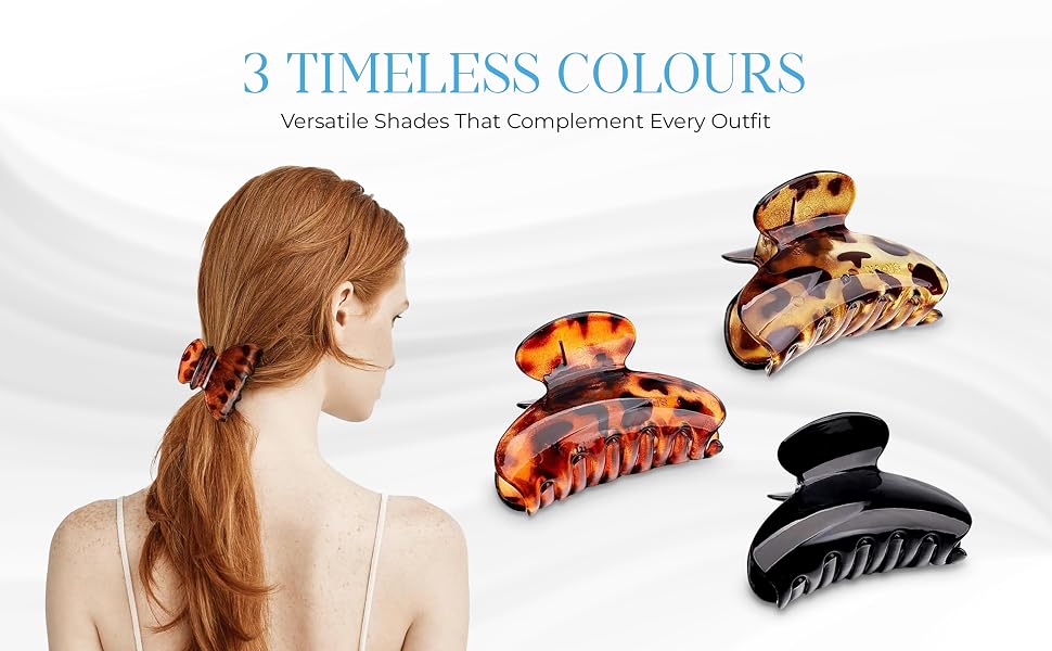 Text reads '3 TIMELESS COLOURS'. Product image showing three decorative hair clips in tortoiseshell, amber, and black colors displayed with styling demonstration.