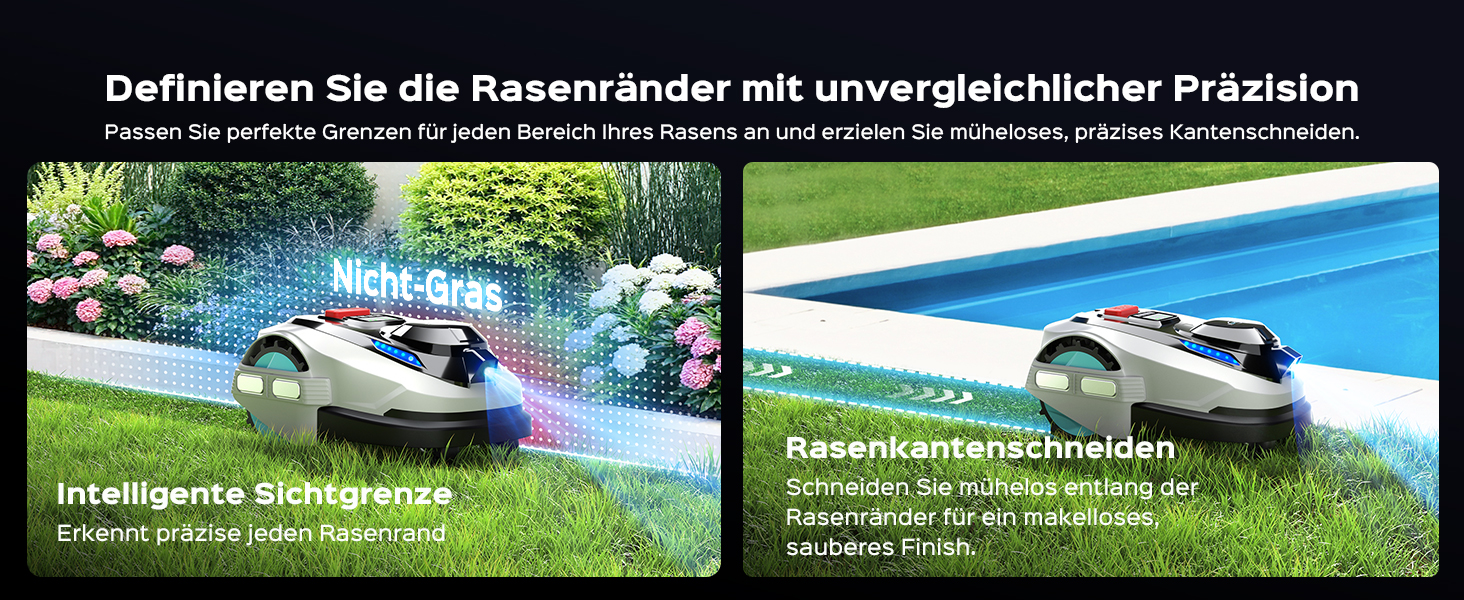 Der Text lautet „Definieren Sie die Rasenkinder mit unvergleichlicher Präzision“. Bilderserie, die den Rasenmähroboter in Aktion auf Gras zeigt, mit Ansichten aus mehreren Blickwinkeln für präzise Kantenschnitte.