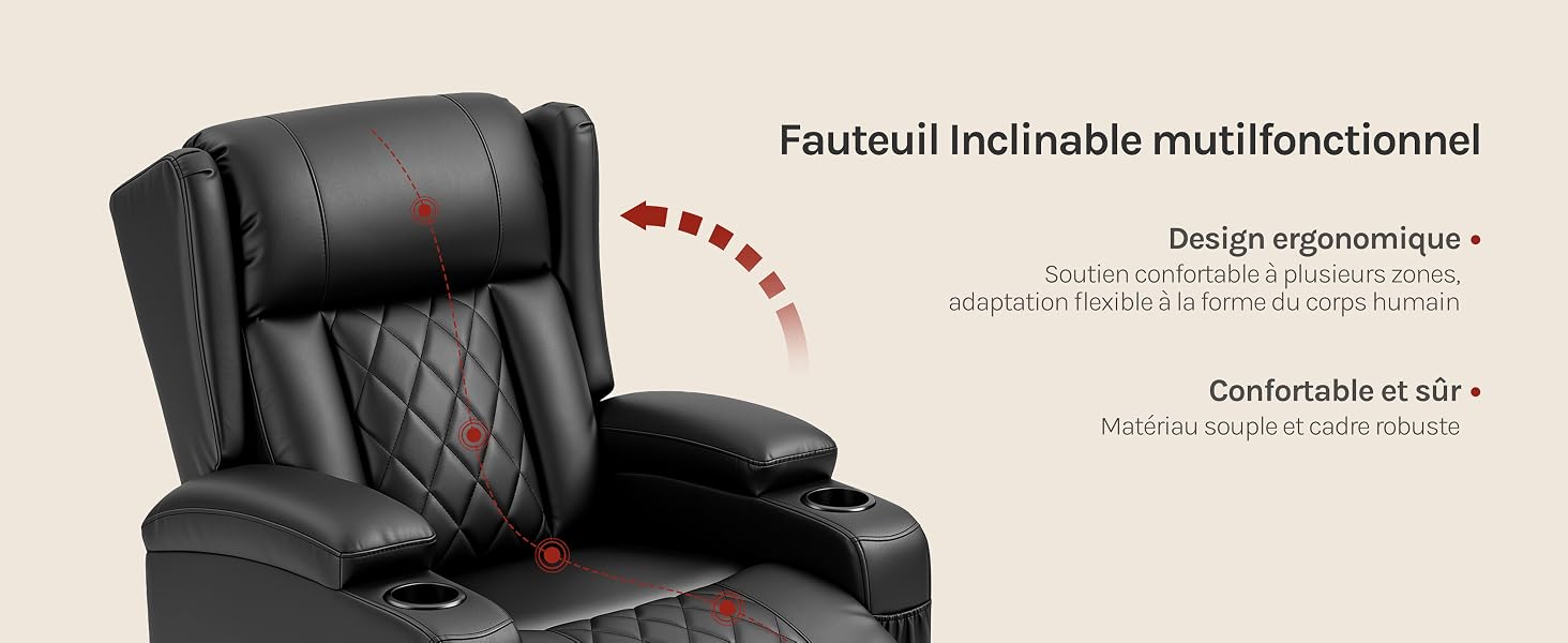 Le texte indique « Fauteuil inclinable multifonctionnel », « Design ergonomique », « Confortable et sûr ». Fauteuil inclinable noir avec caractéristiques ergonomiques et indicateurs de confort marqués par des lignes pointillées rouges.