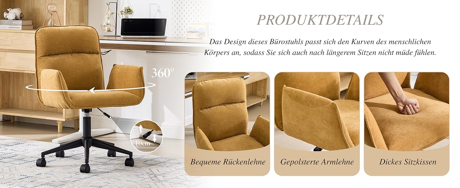 Der Text lautet „PRODUKTDETAILS“. Die Produktgalerie zeigt mehrere Ansichten eines goldenen/hellbraunen Bürostuhls mit verstellbaren Funktionen und ergonomischem Design auf weißem Hintergrund.