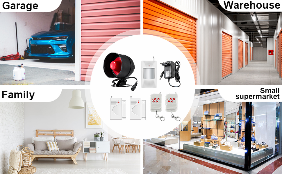 présentant différentes applications : garage avec voiture, unités de rangement, salon familial et espace commercial, avec composants d'alarme centrale.