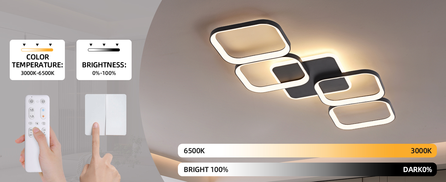 Moderne LED-Deckenleuchte mit einstellbarer Helligkeit und Farbtemperatur. Verfügt über quadratische, miteinander verbundene Paneele und eine Fernbedienung zur individuellen Anpassung.