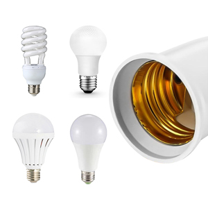 Collection of various light bulbs including LED and CFL types, displayed against white background. Shows different shapes and sizes of energy-efficient lighting options.