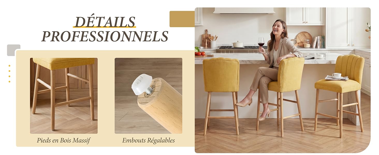 Le texte indique « DÉTAILS PROFESSIONNELS », « Piédestal des Meubles » et « Éclairage intégrable ». Scène d'exposition de mobilier d'intérieur comprenant des chaises en bois, une table à manger, des étagères décoratives et une configuration d'éclairage professionnelle.