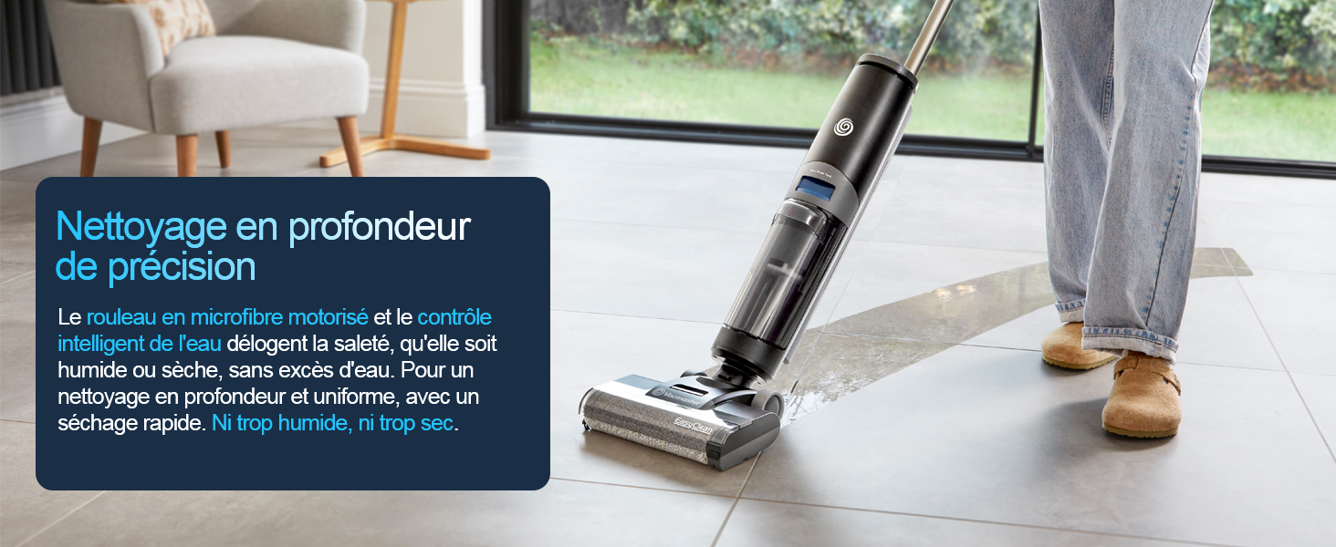 Le texte indique « Nettoyage en profondeur et précision ». Machine portative de nettoyage des sols avec tête de brosse rotative présentée sur un sol en bois clair avec des plantes et une fenêtre visibles en arrière-plan.